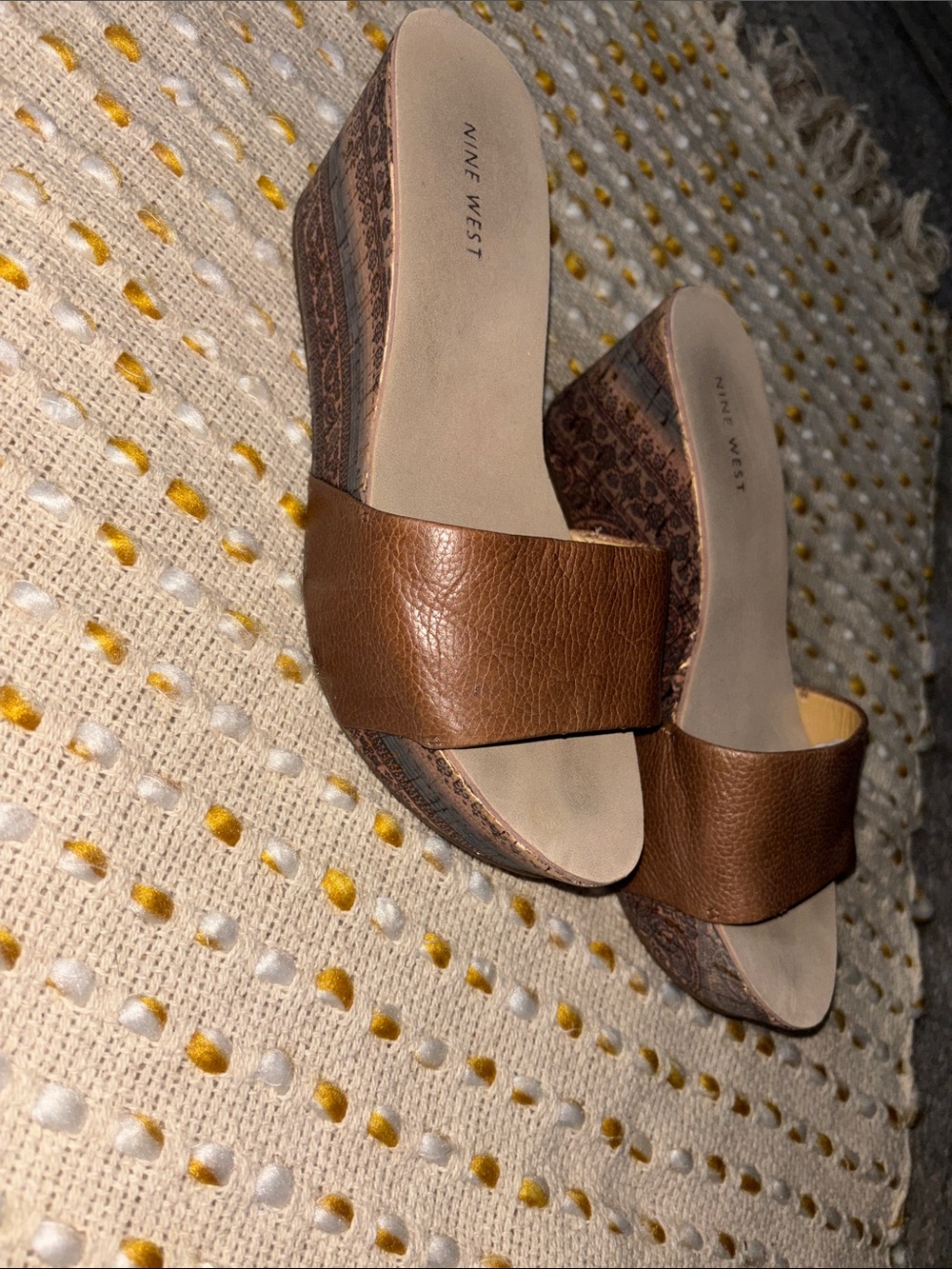 Nine West Brown Leather Wedge Slide Sandals with Patterned Wedge